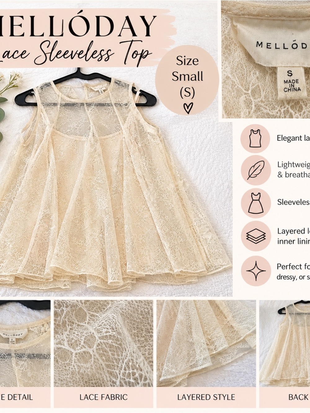 MELLODAY Cream Lace Layered Sleeveless Top